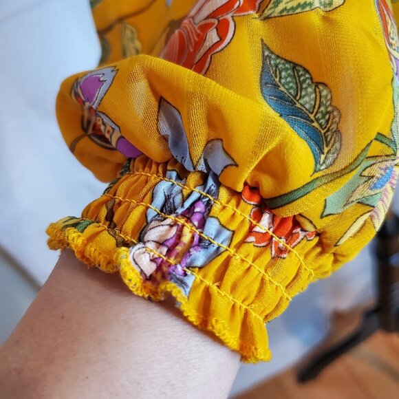 NANETTE LEPORE SZ XS Floral Yellow V-Neck Gathered Peasant Top - Picture 7 of 10